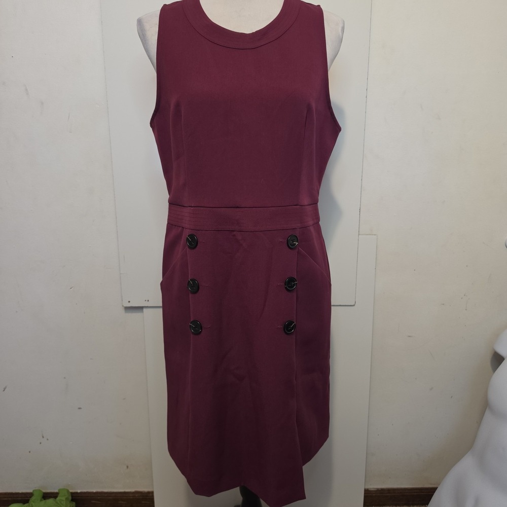 Banana Republic Dress Womens 12 Petite Burgundy Sheath Sleeveless Career Pockets